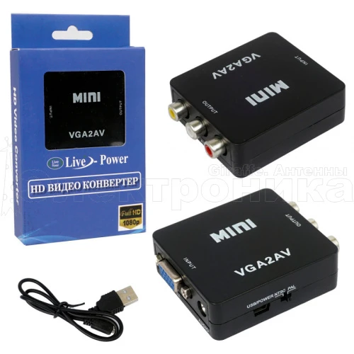 переходник конвертер vga - av (3rca) h130 mini чёрный адаптер, преобразователь, питание от usb  фото