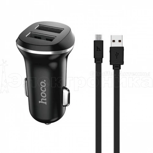 зу в прикуриватель hoco z1 черный microusb (2100ma,5v)/128  фото