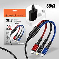 кабель usb - microusb/lightning/type-c deespi ds971 шнур для телефона, длина 1,2м, черный  фото